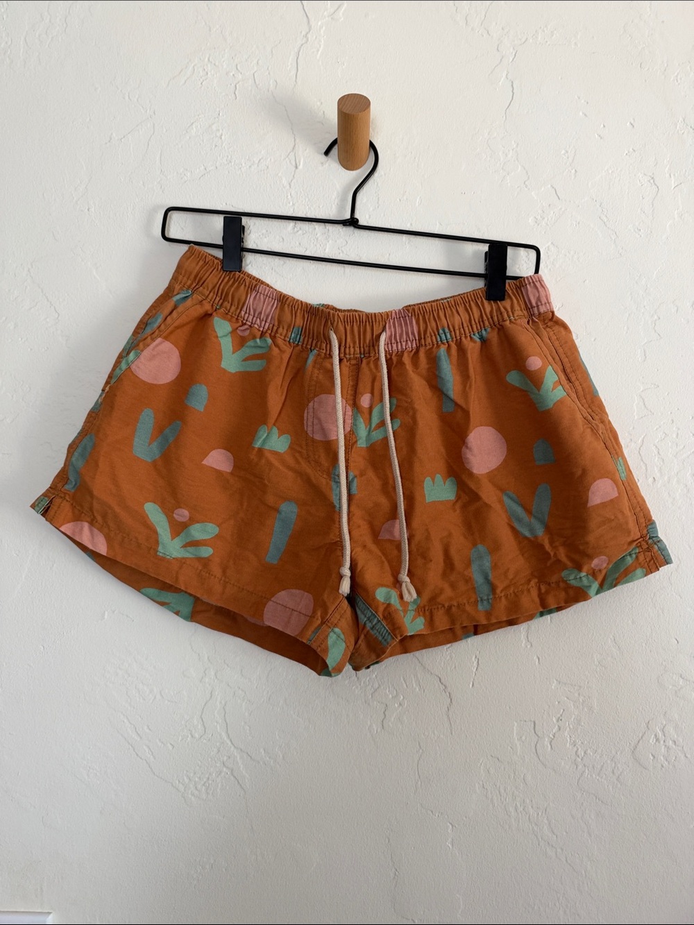 Women's Rust Orange Printed Drawstring Athletic Shorts with Mint & Blush Accents